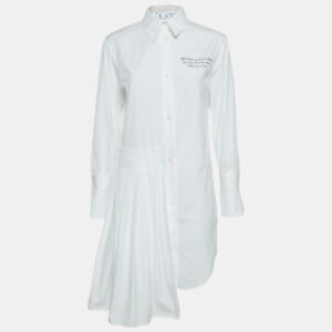 Off-White White Embroidered Cotton Pleated Mini Shirt Dress XS