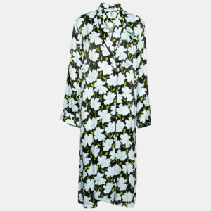 Off-White Blue Floral Printed Satin Open Front Lightweight Coat M