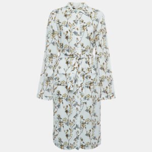 Off-White White Floral Logo Print Crepe Belted Midi Shirt Dress M