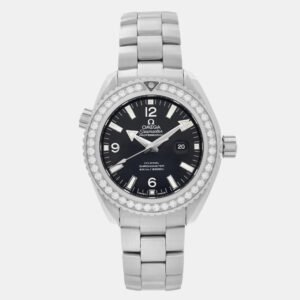 Omega Black Stainless Steel Diamond Seamaster Planet Ocean 232.15.38.20.01.001 Automatic Women's Wristwatch 38mm