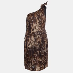 Oscar de la Renta Brown Printed Silk One Shoulder Dress M