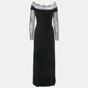 Oscar de la Renta Black Lace Trim Velvet Maxi Dress M