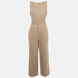 Oscar de la Renta Brown Camel Wool Belted Sleeveless Jumpsuit M