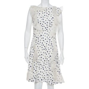Oscar de la Renta White Painted Effect Lace Ruffle Detail Short Dress M