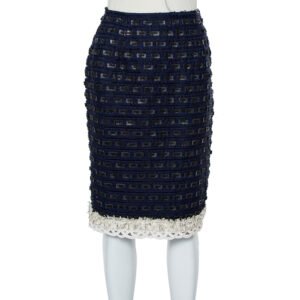 Oscar de la Renta Navy Blue Synthetic & Faux Leather Trim Pencil Skirt M