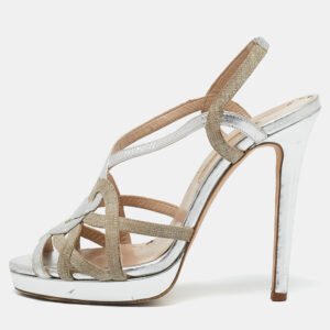 Oscar de la Renta Silver/Beige Leather and Canvas Platform Sandals Size 38.5