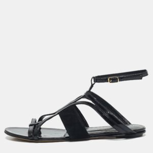Oscar de la Renta Black Patent Leather and Suede Jenisa Ankle Strap Flats Size 39