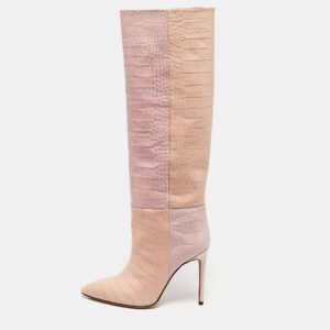 Paris Texas Pink Croc Embossed Leather Knee Length Boots Size 39