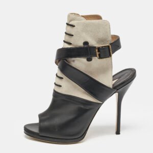 Paul Andrew Black/Grey Leather And Suede Criss Cross Open Toe Ankle Strap Boots  Size 38