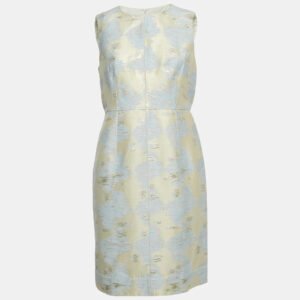 Paule Ka Cream/Blue Lurex Jacquard Sleeveless Short Dress L