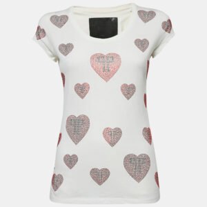 Philipp Plein Couture White Heart Embellished Cotton T-Shirt S