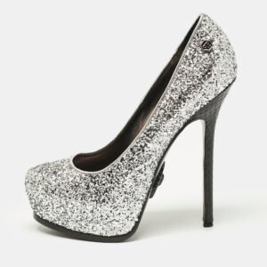 Philipp Plein Silver/Black Glitter and Python Platform Pumps Size 37