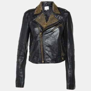 Pierre Balmain Black Leather Studded Biker Jacket M