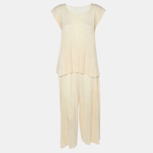 Pleats Please by Issey Miyake Cream Plisse Top and Pant Set S