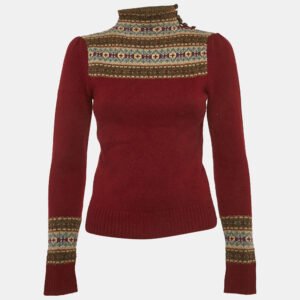 Polo Ralph Lauren Dark Red Patterned Wool Knit High Neck Sweater XS