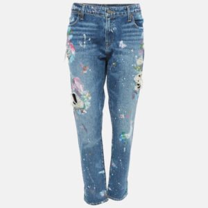Polo Ralph Lauren Blue Paint Print Distressed Denim Astor Slim Boyfriend Jeans L Waist 32"