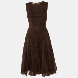 Prada Brown Cotton Pleated Detail Midi Dress S