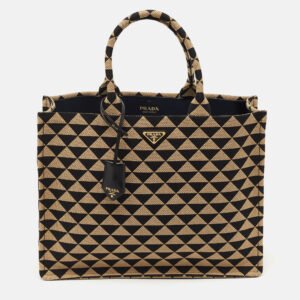 prada black/beige triangolo symbole embroidered jacquard large tote