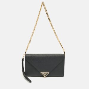 Prada Black Saffiano Triang Leather Envelope Chain Clutch