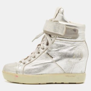 Prada Sport Silver Leather Wedge Sneakers Size 36