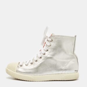 Prada Sport Silver Leather Lace Up High Top Sneakers Size 37