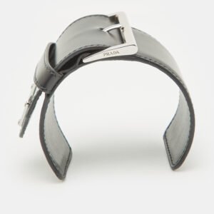 Prada Triangle Black Leather Silver Tone Wide Open Cuff Bracelet