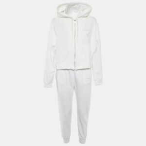 Prada White Cotton Knit Hooded Track Jacket & Pants Set XL