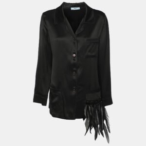 Prada Black Satin Feather-trimmed Long Sleeve Shirt M