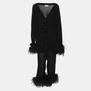 Prada Black Wool Knit Ostrich Feather Top & Pant Suit L