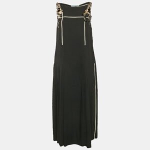 Prada Black Embellished Crepe Pleated Sleeveless Dress M