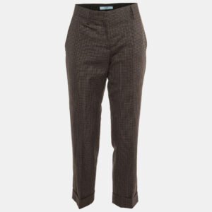 Prada Grey/Burgundy Checked Wool Cuffed Hem Trousers M