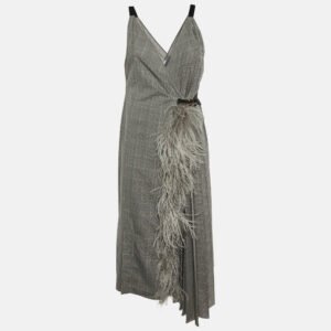 Prada Grey Checked Wool Feather Trim Pleated Wrap Dress L