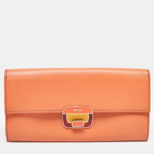 Prada Orange Leather Pushlock Flap Continental Wallet