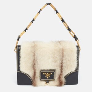 luxury-women-prada-used-handbags-p1024127-015 Prada Off White/Black Mink Fur and Saffiano Leather Flap Bag