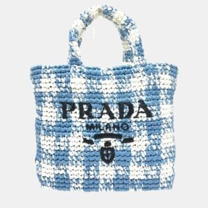 Prada Raffia Blue Small Crochet Basket Tote Bag