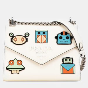 Prada White Saffiano Leather Monochrome Robot Patches Envelope Chain Flap Bag