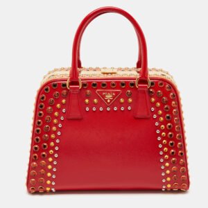 prada red/peach saffiano patent leather pyramid frame satchel