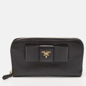 Prada Black Saffiano Lux Leather Bow Zip Around Wallet