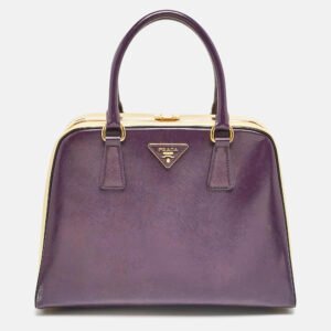 prada purple/cream saffiano vernic leather pyramid frame satchel