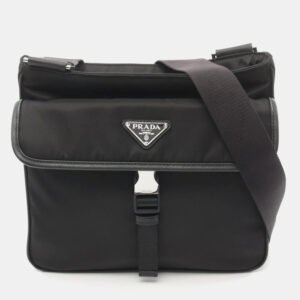 Prada Black Nylon Saffiano Leather Tessuto Shoulder Bag