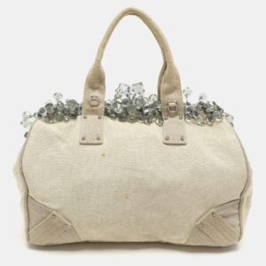 Prada Beige Canvas Mistolino Crystal Cluster Frame Satchel