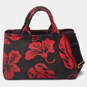 Prada Red/Black Canvas Floral Canapa Tote
