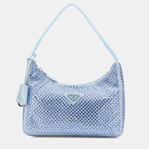 luxury-women-prada-used-handbags-p1143112-014 Prada Blue Mini Satin Crystal Re-Edition 2000 Shoulder Bag