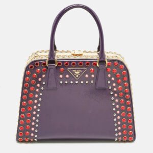 Prada Purple/Grey Saffiano Patent Leather Studded Pyramid Frame Satchel