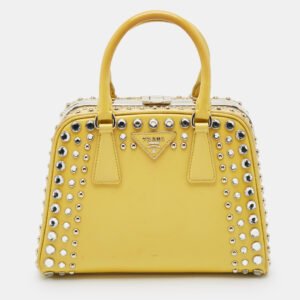 Prada Yellow/Cream Saffiano Patent Leather Small Studded Pyramid Frame Bag