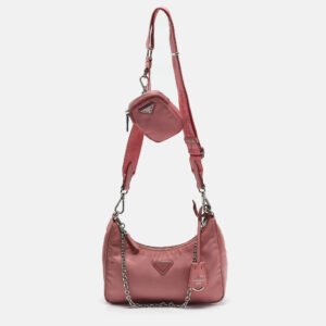luxury-women-prada-used-handbags-p1154594-016 Prada Pink Nylon and Saffiano Leather Re-Edition 2005 Shoulder Bag