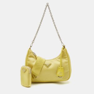 luxury-women-prada-used-handbags-p1156108-011 Prada Yellow Nylon and Saffiano Leather Re-Edition 2005 Shoulder Bag