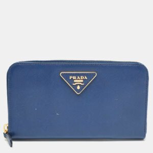 Prada Blue Saffiano Lux Leather Triangle Zip Around Wallet