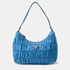 luxury-women-prada-used-handbags-p1157687-001 Prada Light Blue Nylon Gathered One Shoulder Bag