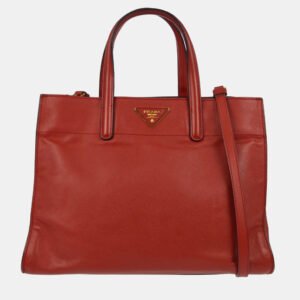 Prada Red Saffiano Leather 2way Tote Handbag